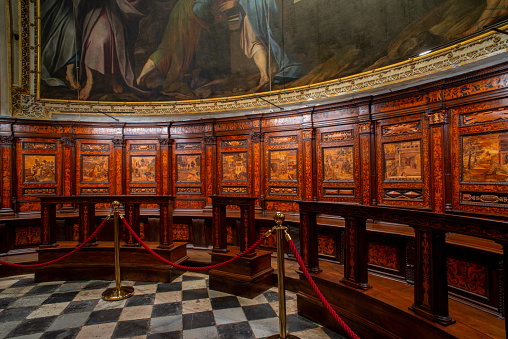 Bergamo Italy 21 December  2023:Basilica of Santa Maria Maggiore, the wooden choir after the restoration