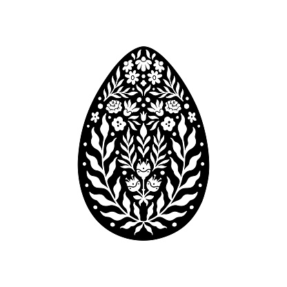 Easter Floral Egg Icon. Abstract Flowers in Egg Silhouette. Vector Linocut object isolated on white background. Ester Egg hunter design for greeting card, banner, print. Spring icon floral decor.