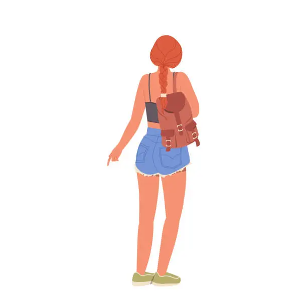 Vector illustration of Back view of young woman cartoon character backpacker wearing summer clothes vector illustration