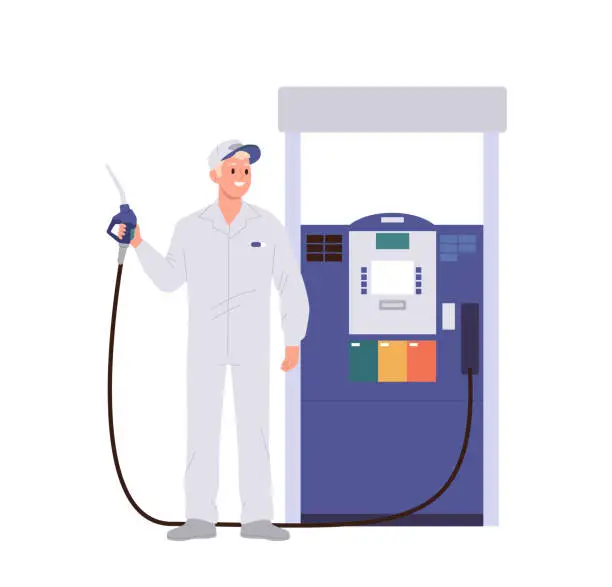 Vector illustration of Man gas station worker cartoon character in uniform holding filling gun standing nearby petrol pump