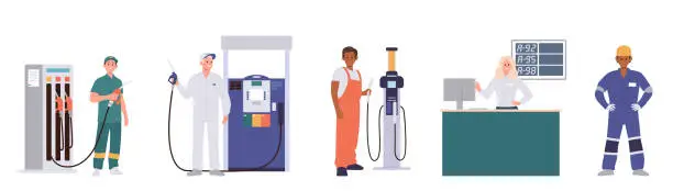 Vector illustration of Gas station workers cartoon characters in uniform offering professional service of car refueling set