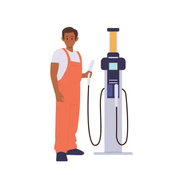 Vector illustration of Gas station fuel attendant cartoon character in workwear standing nearby pump tank for car refueling