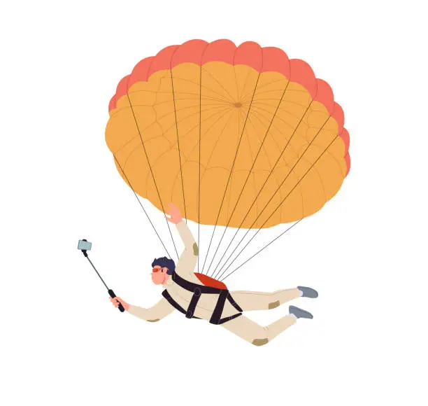 Vector illustration of Man skydiver cartoon character soaring with parachute enjoying free flight making selfie on phone