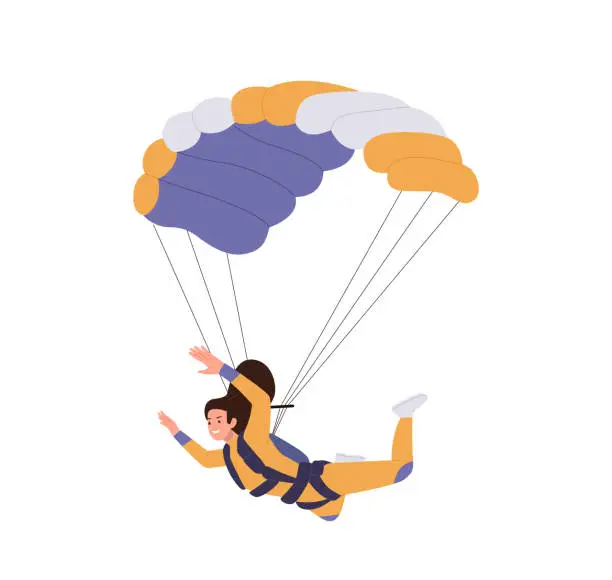 Vector illustration of Happy woman skydiver cartoon character enjoying extreme parachuting sport recreation leisure