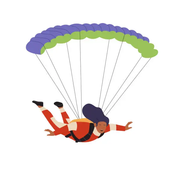 Vector illustration of Woman cartoon character skydiving with open parachute in free fall isolated vector illustration