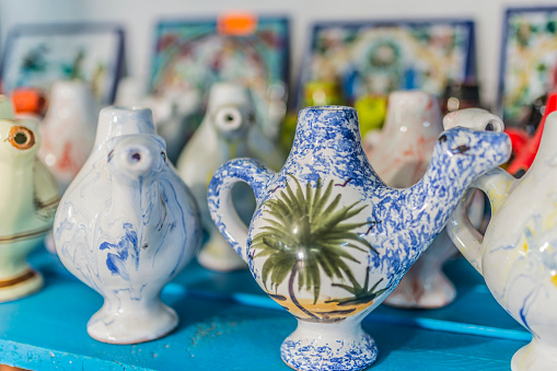 Traditional Tunisian earthenware at local street.