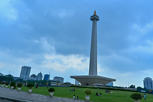 Morning atmosphere at the national monument monument (monas) with a blue sky as a background, Jakarta, Indonesia. December 30, 2023