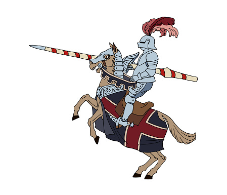 An equestrian knight at a festive tournament. A horseman in armor. Color vector illustration with black contour lines, isolated on a white background in cartoon style.