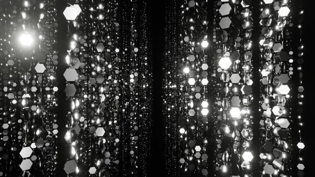 Awards corridor of sparkling white hexagon particles bokeh or glitter garland vj loop 3d render. Holidays background, spotlight overlay for christmas card, music nightclub, award ceremony, geometric