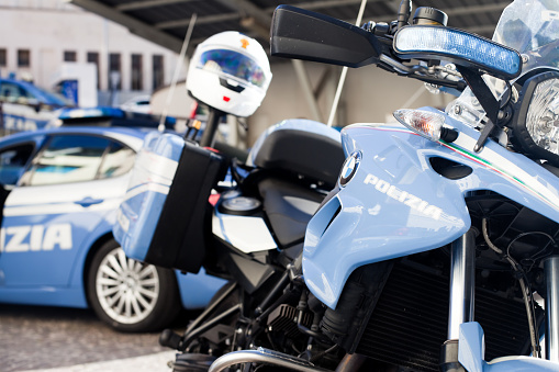 Madrid, Spain - May 19, 2020: Electric motorcycle of the shared system transport service from the eCooltra company, parked in O'donell street.