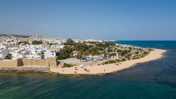 Hammamet on the Mediterranean coast in Tunisia Hammamet on the Mediterranean coast in Tunisia. Aerial view tunisia beach stock pictures, royalty-free photos & images
