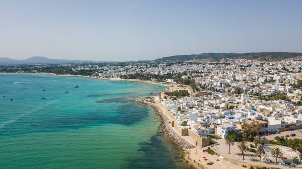 Hammamet on the Mediterranean coast in Tunisia Hammamet on the Mediterranean coast in Tunisia. Aerial view tunisia beach stock pictures, royalty-free photos & images