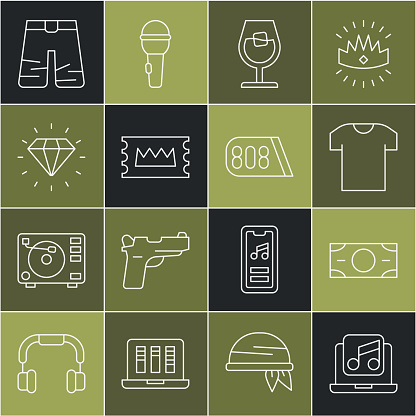 Set line Laptop with music Stacks paper money cash T-shirt Wine glass Concert ticket Diamond Wide pants and Drum machine icon. Vector.