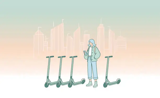 Vector illustration of A scenery where a person standing near a park of city electric scooters with a smartphone