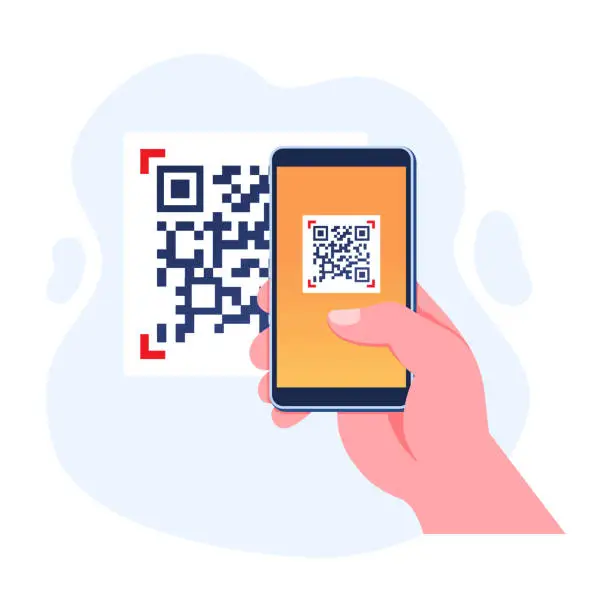 Vector illustration of Hand holding mobile phone in the process of scanning QR code concept flat illustration vector template, Digital scanner app on screen for payment or identification, Convenient links