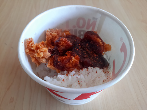 Yakiniku Don With Rice, Chicken Fillet, Yakiniku Sauce And Chili Powder In Paper Cup. Food Menu