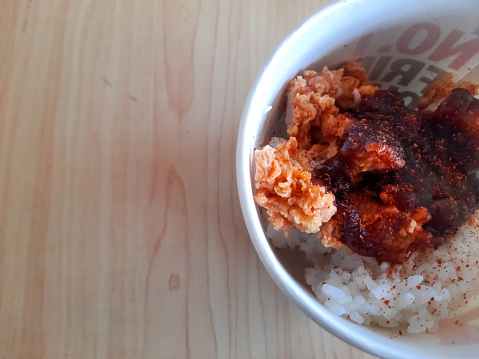 Delicious Yakiniku Don With Rice, Chicken Fillet, Yakiniku Sauce And Chili Powder In Paper Cup. Food Menu. Top View.