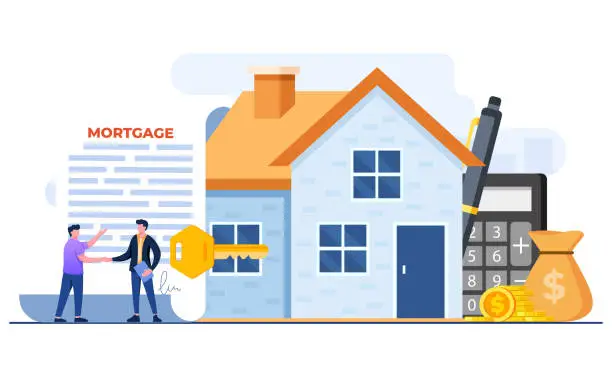 Vector illustration of Man buying mortgage house and shaking hands with real estate agent, House loan or money investment to real estate concept template, Mortgage loan, Purchasing property, Home loan, Home bank credit