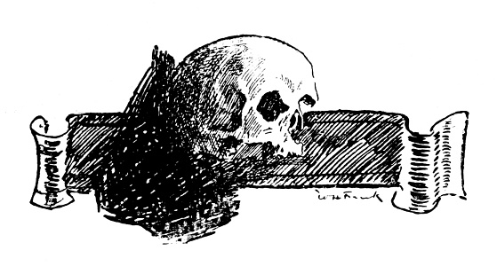 A human skull and a scroll. Illustration published in 1895. Original edition is from my own archives. Copyright has expired and is in Public Domain.