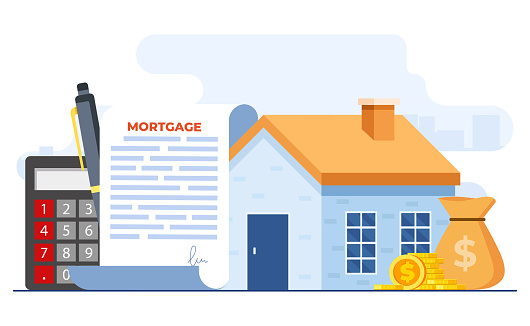 Flat-style vector illustration of Mortgage and rent concept, House loan or money investment to real estate, Mortgage loan, Purchasing property, Home loan, Home bank credit concept for website banner, online advertisement, marketing material, business presentation, poster, landing page, and infographic