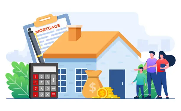 Vector illustration of Family buying home with mortgage and paying credit to bank concept flat illustration, House loan or money investment to real estate concept template, Mortgage loan, Purchasing property, Home loan