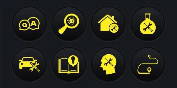 Vector illustration of Set Car service, Bioengineering, Interesting facts, Human head, House, Microorganisms under magnifier, Route location and Question and Answer icon. Vector