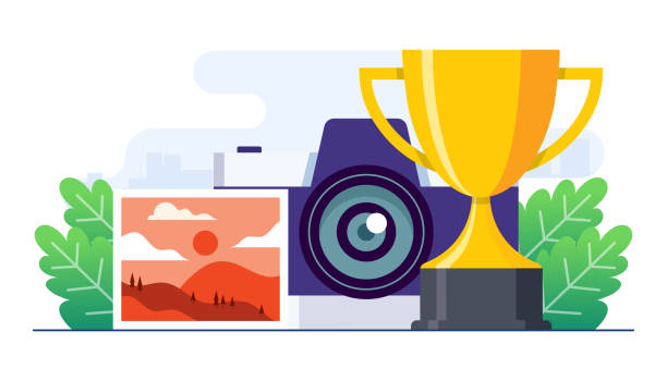 foto der landschaft mit einer kamera und einer trophäe, fotowettbewerb flache vektor-illustrationsvorlage - fotowettbewerb stock-grafiken, -clipart, -cartoons und -symbole