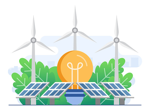 Green energy concept, Generating electricity using solar panels and wind turbines, Energy effective house, Renewable energy, Ecology, Alternative energy, Wind power, Solar power