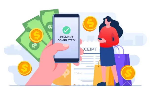 Vector illustration of Making a successful online payment on hand holding smartphone, Woman using mobile banking services and secure transactions during online shopping, E-commerce, Cashless payment, Internet banking