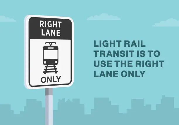 Vector illustration of Safe driving tips and traffic regulation rules. Close-up of United States right lane for LRT only sign. Light rail transit is to use the right lane. Vector illustration template.