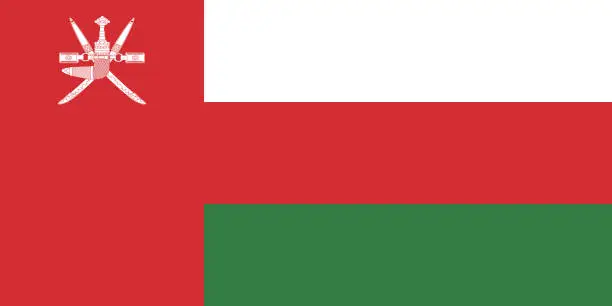 Vector illustration of Oman flag. The official ratio. Flag icon. Standard color. Standard size. A rectangular flag. Computer illustration. Digital illustration. Vector illustration.