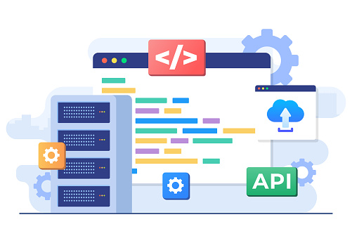 Flat-style vector illustration of Application Programming Interface concept, API provides the interface for communication between applications, Software development tool, Internet and networking, simplifying application integration concept for website banner, online advertisement, marketing material, business presentation, poster, landing page, and infographic