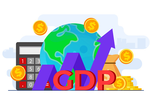 Flat-style vector illustration of Gross domestic product concept, Stacks of money, National economy, Monetary policy, GDP,  Economic Growth, Public finance, Growth arrow chart, Cash and globe concept for website banner, online advertisement, marketing material, business presentation, poster, landing page, and infographic