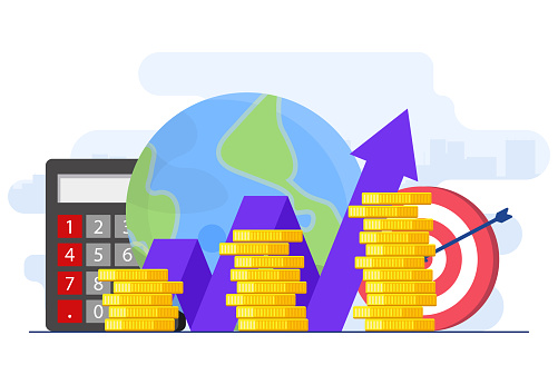 Flat-style vector illustration of Gross domestic product concept, Stacks of money, National economy, Monetary policy, GDP,  Economic Growth, Public finance, Growth arrow chart, Cash and globe concept for website banner, online advertisement, marketing material, business presentation, poster, landing page, and infographic