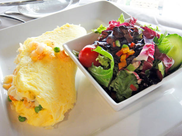 Omelette with shrimp and fresh salad