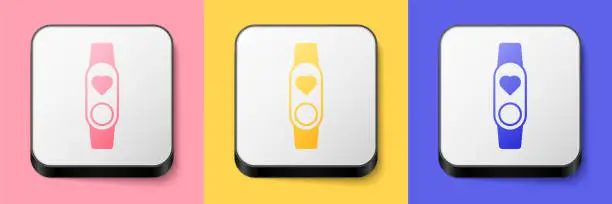 Vector illustration of Isometric Smart watch showing heart beat rate icon isolated on pink, yellow and blue background. Fitness App concept. Square button. Vector
