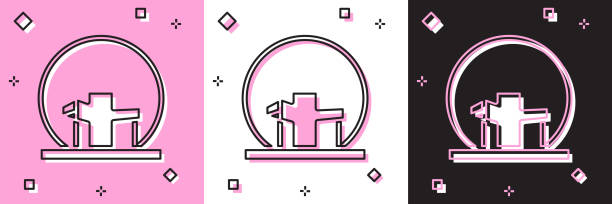 illustrazioni stock, clip art, cartoni animati e icone di tendenza di imposta l'icona della biosfera di montreal isolata su sfondo rosa e bianco, nero. vettore - dome montreal geodesic dome built structure