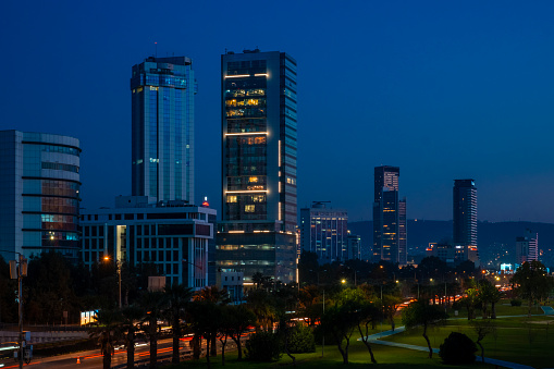 Izmir is a city that has become a shining star in recent years. Night view of newly built high-rise business centers in some parts of the city