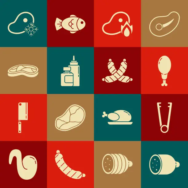 Vector illustration of Set Salami sausage, Meat tongs, Chicken leg, Grilled steak meat and fire flame, Sauce bottle, Steak, Fresh frozen and Crossed icon. Vector