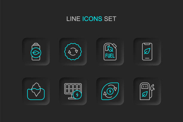 ilustrações de stock, clip art, desenhos animados e ícones de set line petrol or gas station, water energy, solar panel, iceberg, mobile phone with leaf, bio fuel canister, recycle symbol and eco nature battery icon. vector - drop solar panel symbol leaf