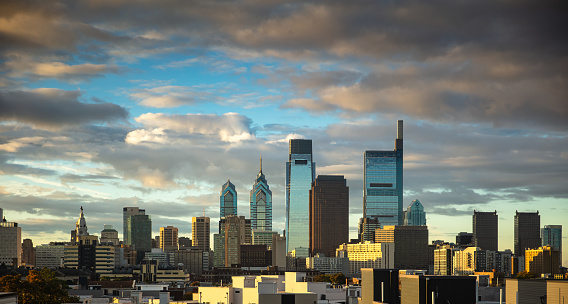 Aerial shot of the downtown Philadelphia skyline, on a Fall morning. This still image is part of a series taken at different times of day from the same location; a time lapse is also available.Authorization was obtained from the FAA for this operation in restricted airspace.