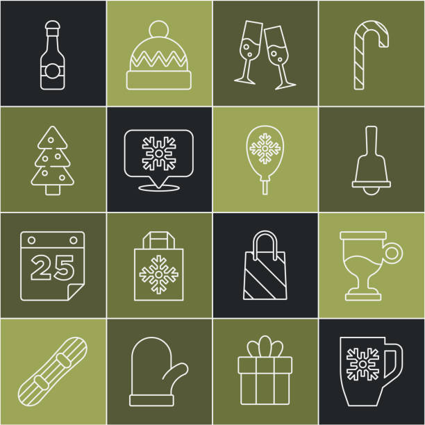 雪の結晶、グリューワイン、メリークリスマスの鐘、ガラスシャンパン、スノーフレークの吹き出し、ツリー、シャンパンボトル、風船のアイコンとラインコーヒーカップを設定します。ベ� - wine champagne bottle mulled wine点のイラスト素材／クリップアート素材／マンガ素材／アイコン素材