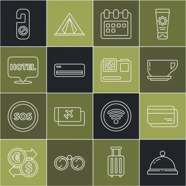 Vector illustration of Set line Hotel service bell, Credit card, Coffee cup, Calendar, Air conditioner, Location hotel, Please do not disturb and Action extreme camera icon. Vector