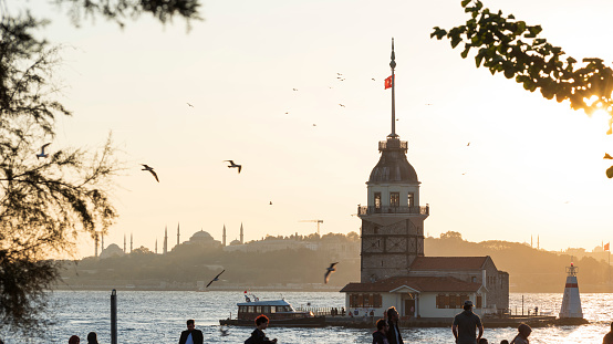 Üsküdar, Istanbul, Turkey - October 24th 2019 - Maiden tower and Bosphorus view. Istanbul's most important viewpointsÜsküdar, Istanbul, Turkey - October 24th 2019 - Maiden tower at sunset tim. Istanbul's most important viewpoints.