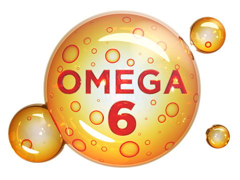 Omega 6 capsule. Golden balls with bubbles. 3d illustration isolated on white