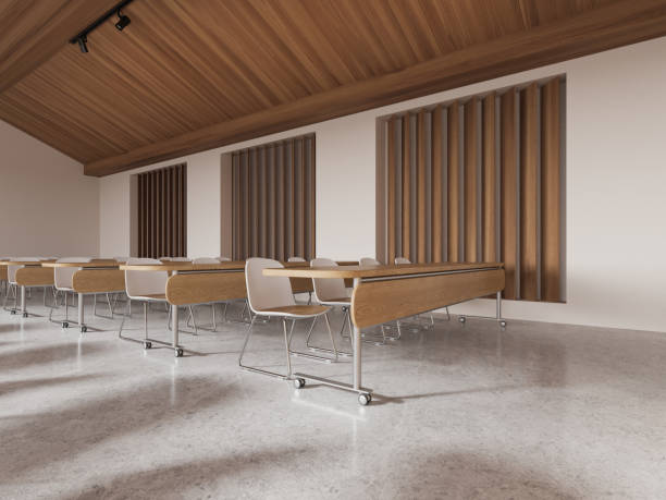 istock Modern class room interior with chairs and tables in row 1896774735