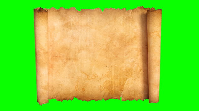 Old paper scroll or manuscript animation. Isolated, two types green chroma key