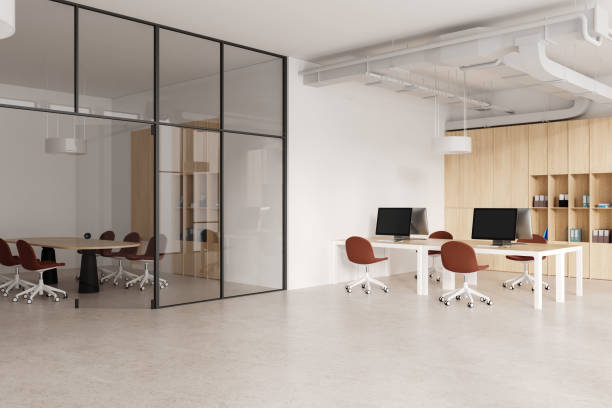 istock White and wooden open space office and board room 1896775785