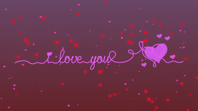 self drawing animation of single continuous line draw the phrase I love you and hearts appear. Full length. Love