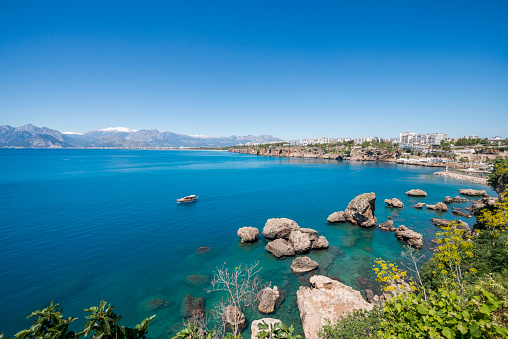 The coastline of Antalya, the landscape of city of Antalya is a view of the coast and the sea.